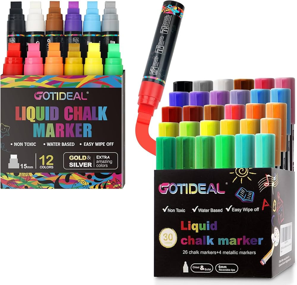 GOTIDEAL Liquid Chalk Markers, 30 colors Premium Window Chalkboard Neon Pens with 12 Colors Jumbo... | Amazon (US)