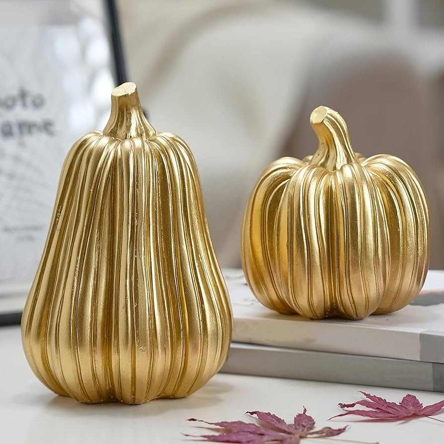 Gold Pumpkin Decor with Stripes, 2Pcs Resin Pumpkins for Decorating, Decorative Pumpkins for Fall... | Amazon (US)