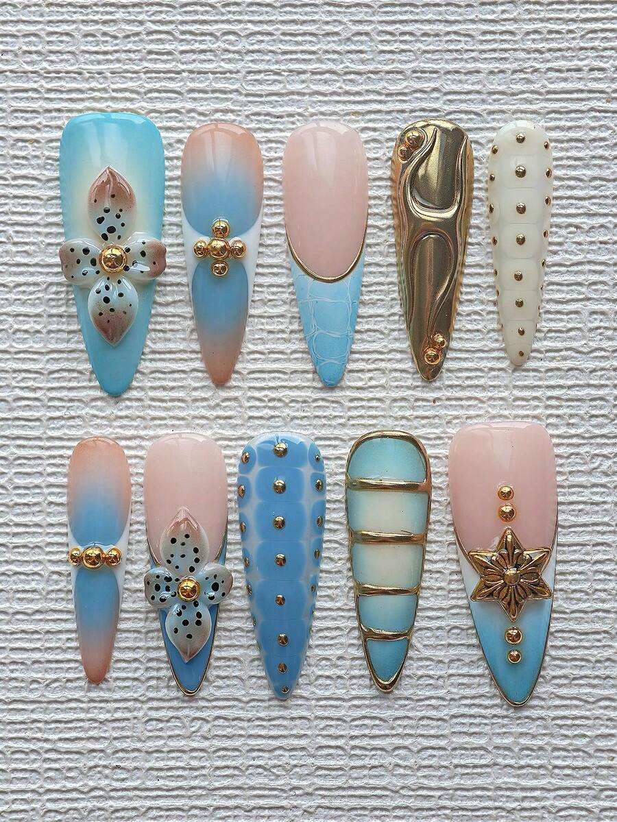 Relic Press On Nails Almond Long 10Pcs - Amber Blue Gradient Antique Gold French With 3D Floral W... | SHEIN