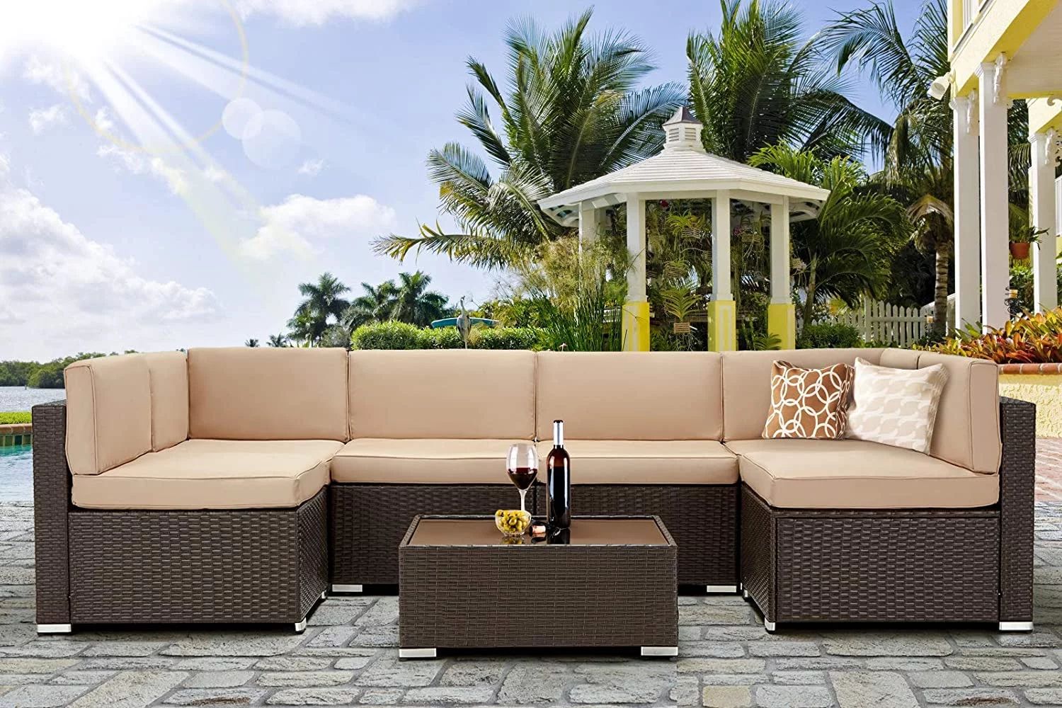 Danrelax 7-Piece Outdoor Sectional Sofa Patio Conversation Set, PE Rattan Wicker Furniture, Steel... | Walmart (US)