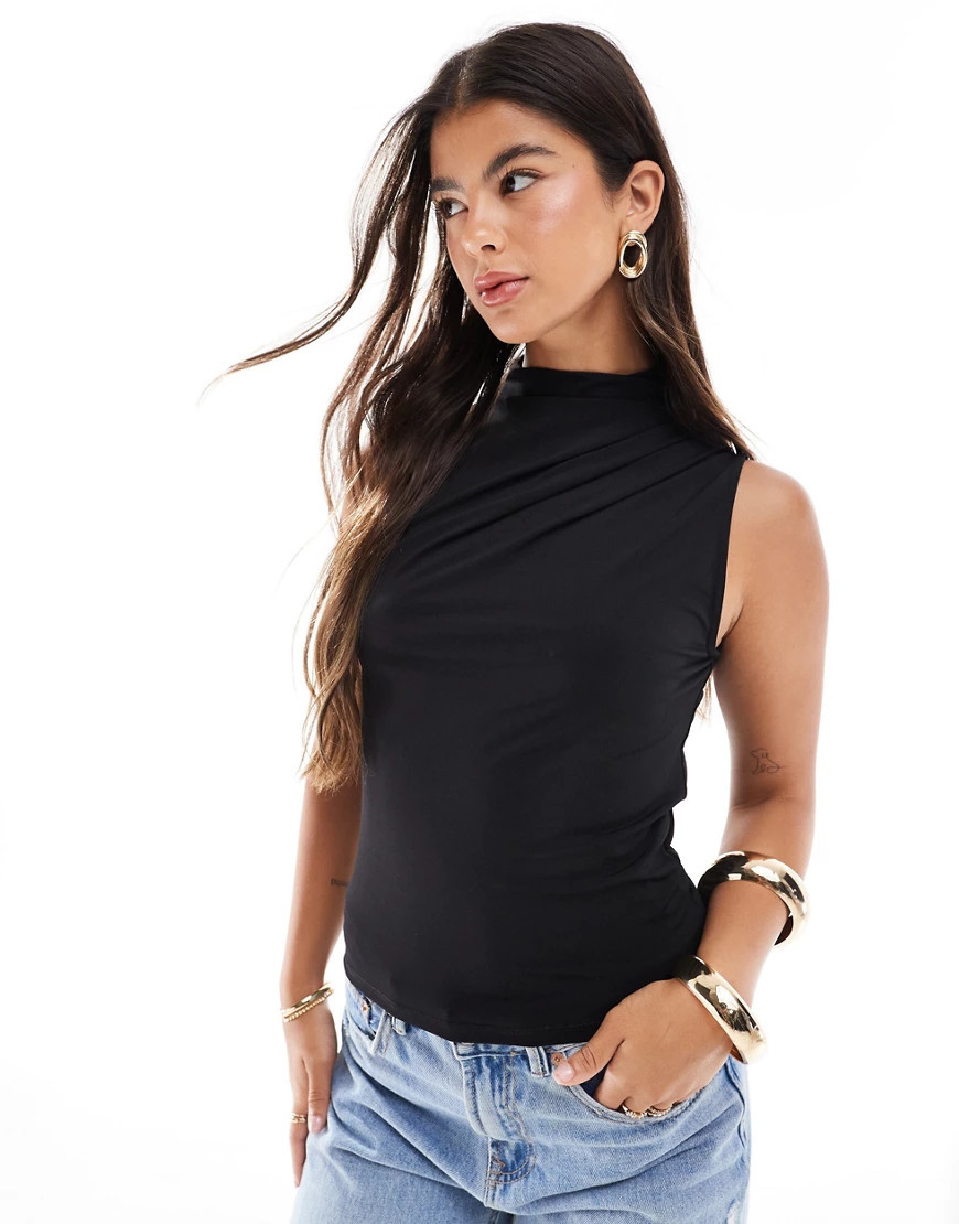 Pieces drape neck sleeveless top in black | ASOS (Global)