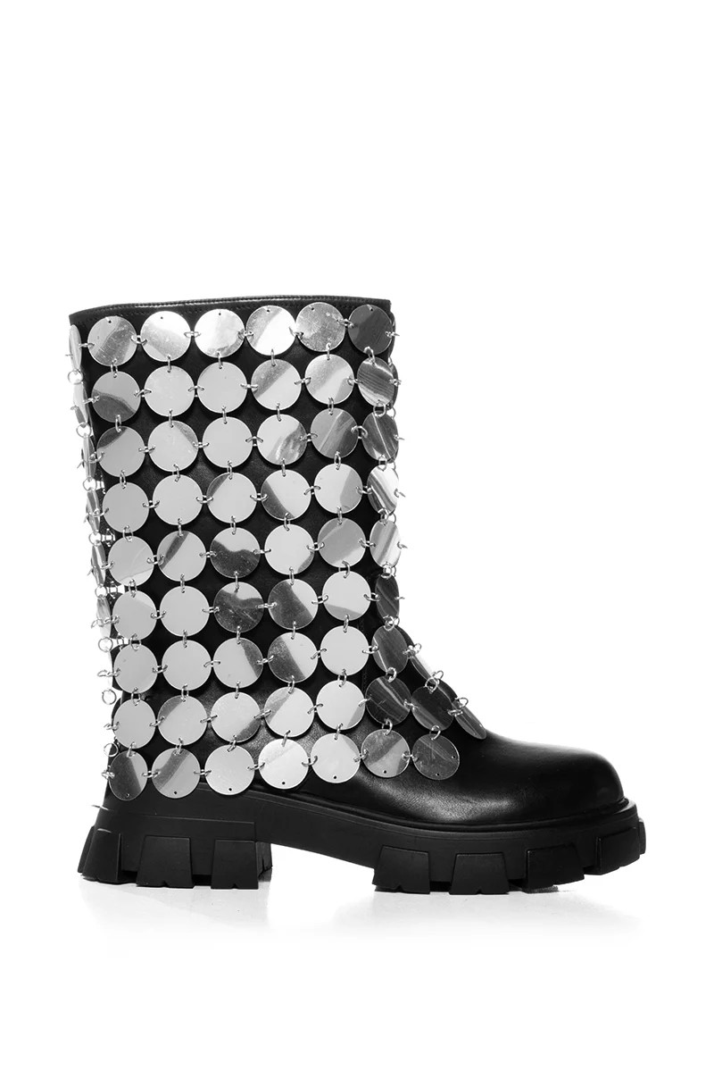 AZALEA WANG QUINNIE SILVER DISC EMBELLISHED BOOT IN BLACK | AKIRA