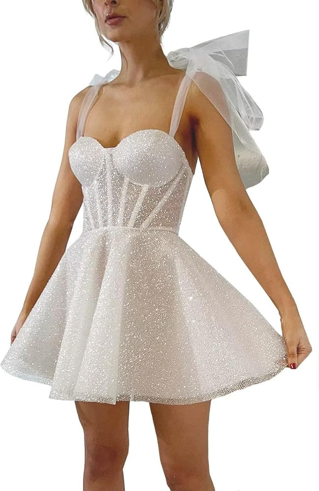 Glitter Tulle Homecoming Dress Sparkly for Teens Short Spaghetti Straps Fairy Party Gown | Amazon (US)