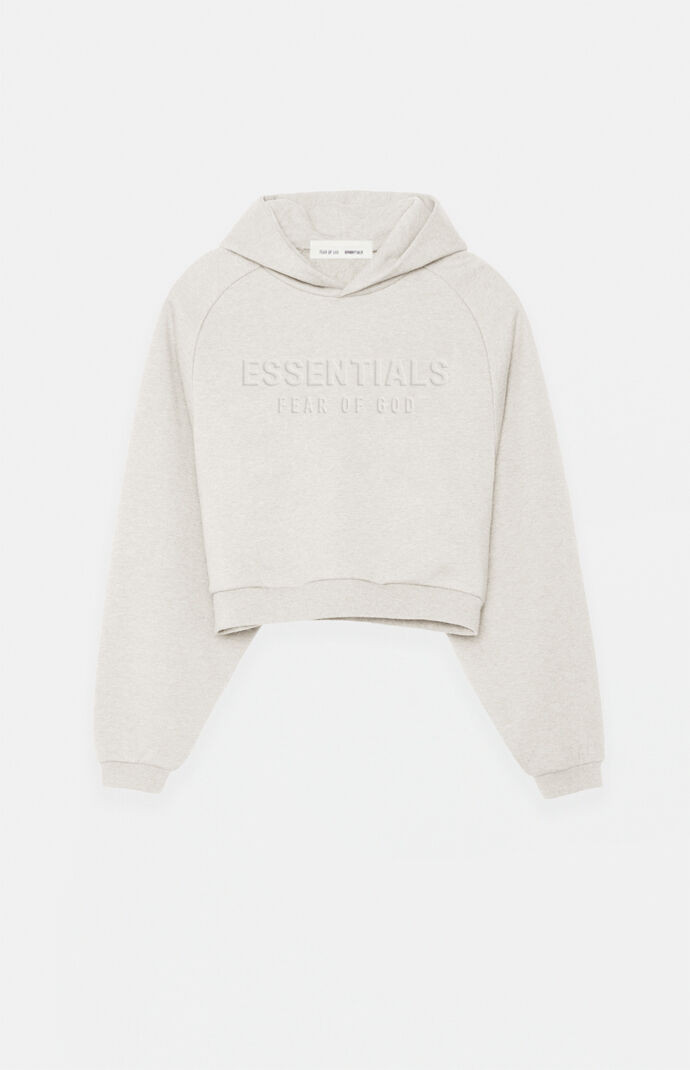 Fear of God Essentials Women's Heather Oatmeal '90s Embossed Raglan Cropped Hoodie - Size XXS | PacSun