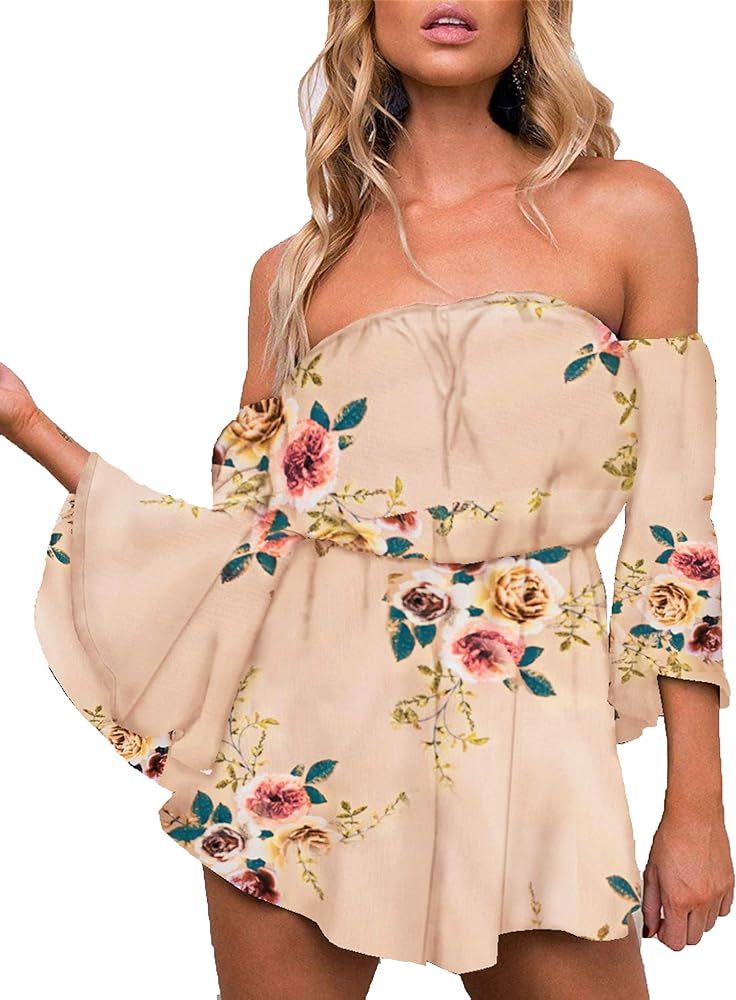 Women's Summer Floral Off Shoulder 3/4 Flared Sleeve Romper Jumpsuit | Amazon (US)