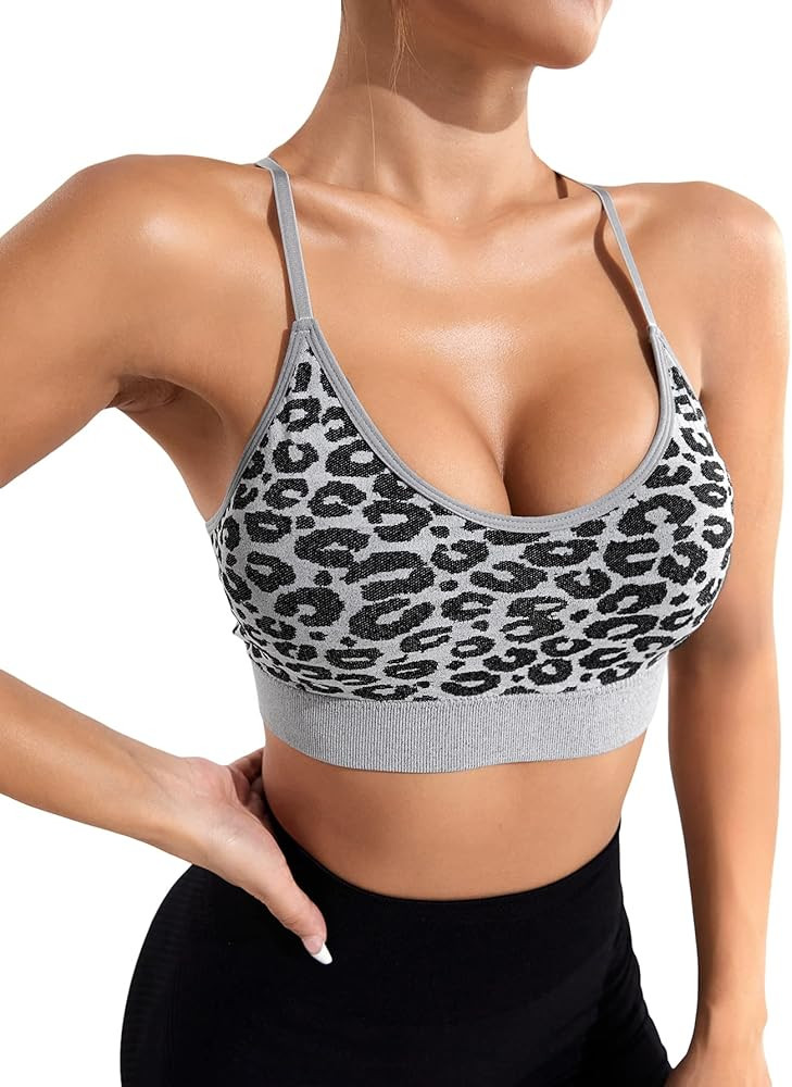 Milumia Women's Leopard Print Criss Cross Back Sports Bra Scoop Neck High Support Seamless Yoga Bra | Amazon (US)