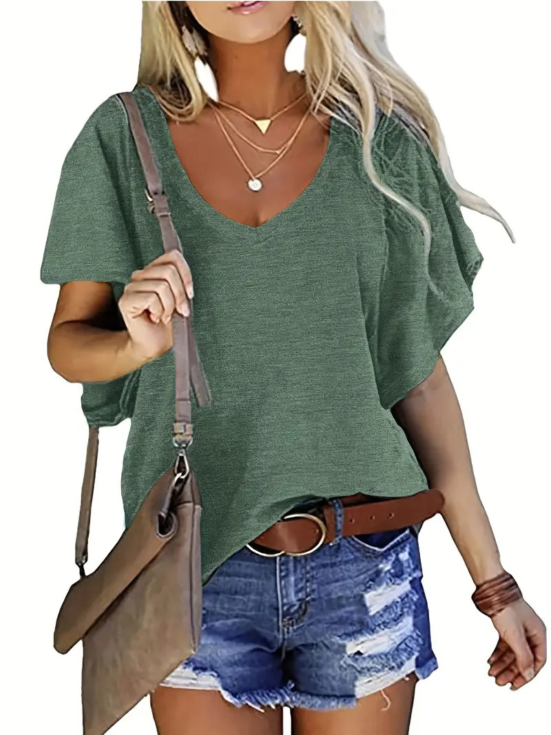 Oversized Ruffle Sleeve T shirt Casual V Neck Short Sleeve T - Temu | Temu Affiliate Program