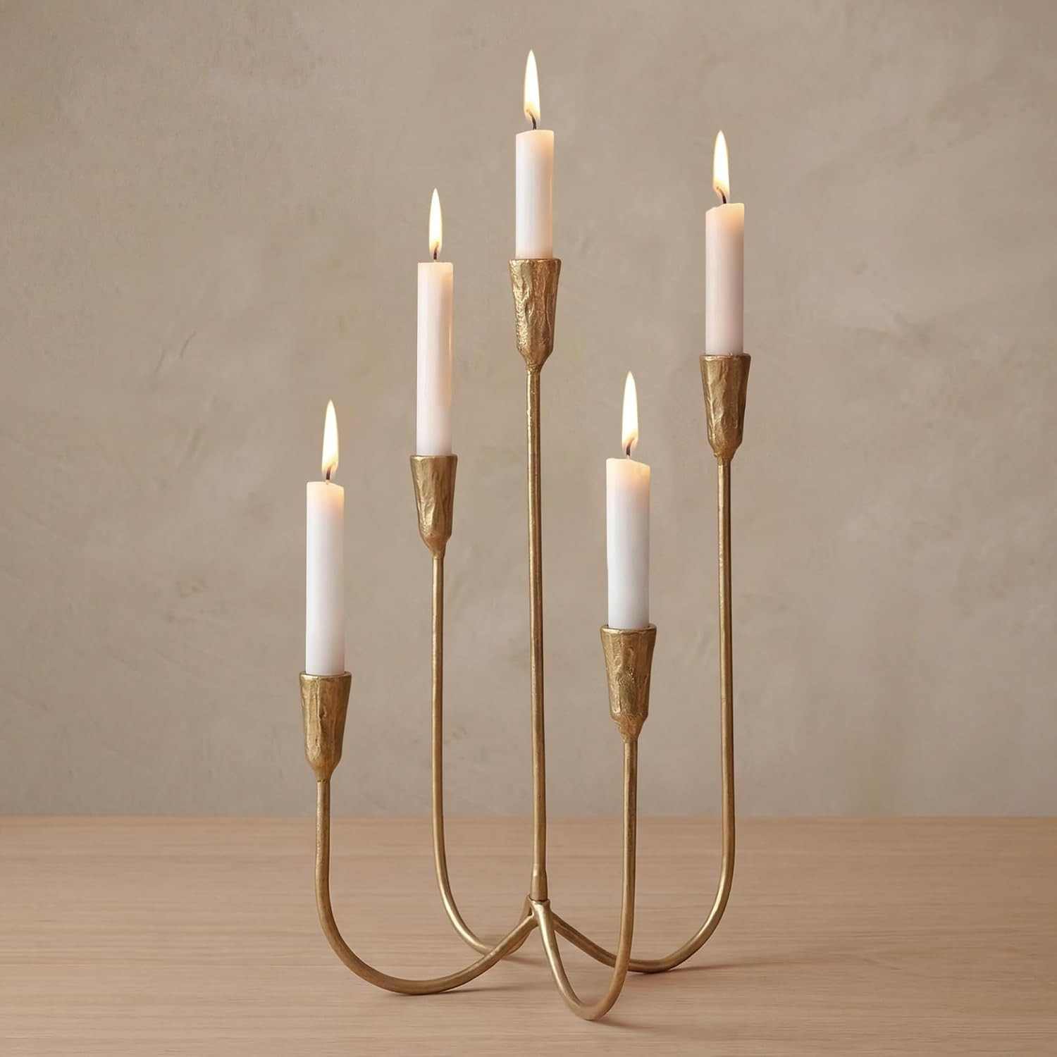 5-Arm Gold Candelabra Candle Holder Detachable Metal Taper Candleholders 15” Tall Cast Iron Candlestick Holders for Wedding Centerpiece Dining Table Party Home Decor | Amazon (US)