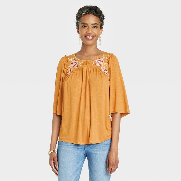 Women's Flutter Elbow Sleeve Embroidered Top - Knox Rose™ | Target