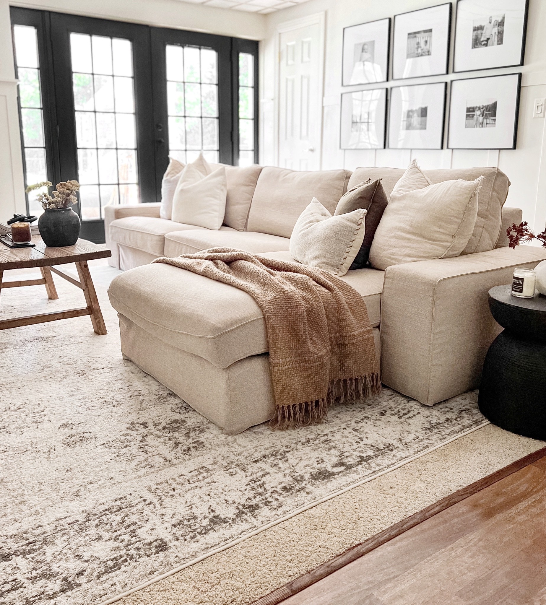 Fall home decor. Neutral home decor. Neutral rug. Black vase. Throw pillows. Black side table. Accent table. Gallery wall. Black frames  

#LTKstyletip #LTKhome #LTKSeasonal