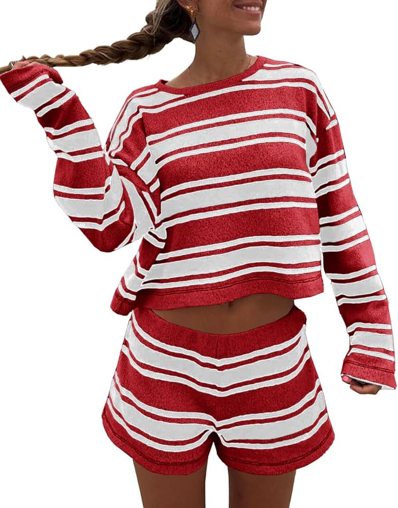 Langwyqu Womens Striped Pajama Sets Long Sleeve Crewneck Sweater Top and Shorts 2 Piece Outfits L... | Amazon (US)