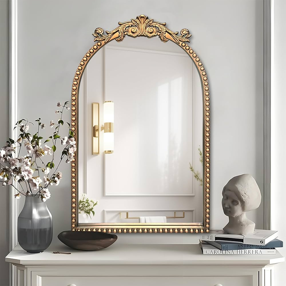 Baroque Arched Vanity Mirror for Narrow Bathroom, 20" X 30" Antique Gold Ornate Beaded Frame Deco... | Amazon (US)