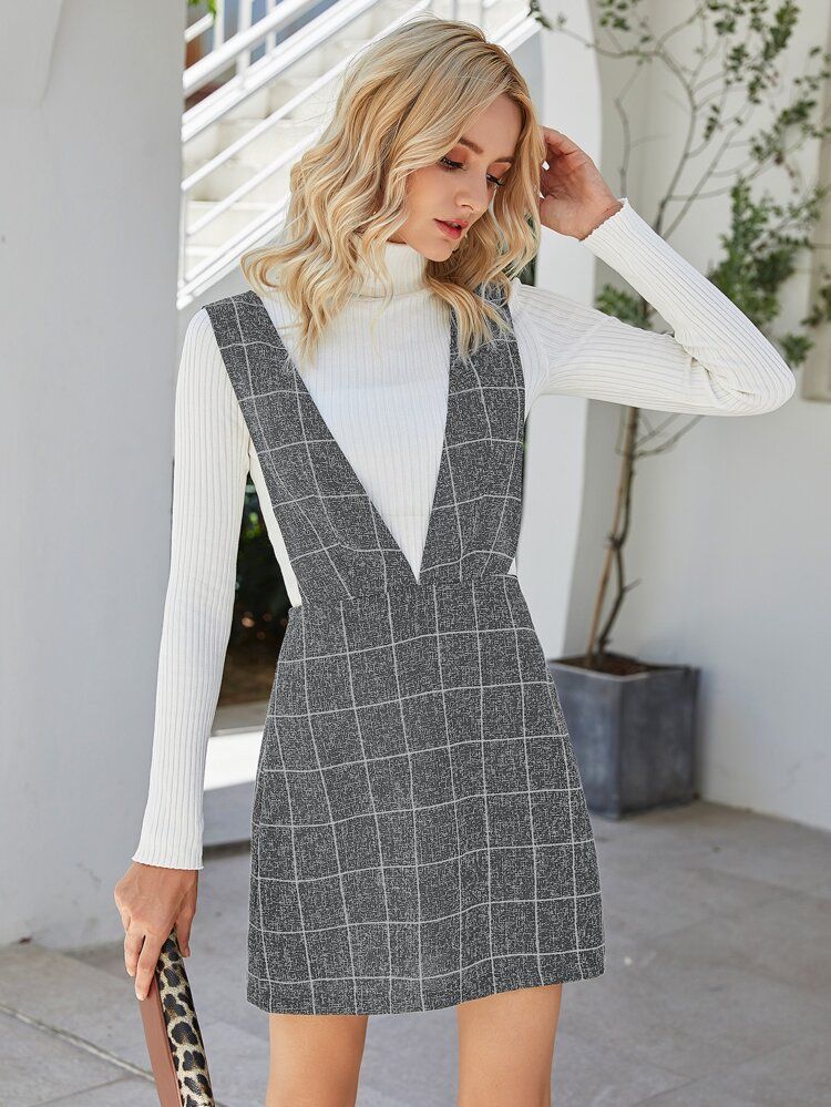 Plunging Plaid Overall Dress | SHEIN