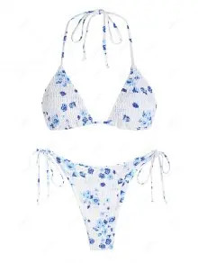 ZAFUL Ditsy Print Smocked String Bikini Swimwear | ZAFUL (Global)