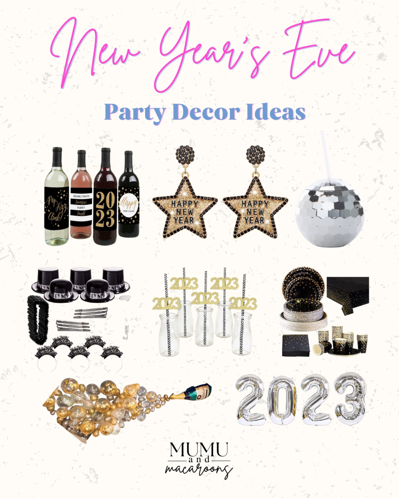 Black, white, and gold New Year's Eve party decor!

#yearendpartydecor #holidaypartydecor #homedecorinspo #sparklydecors #2023designs

#LTKSeasonal #LTKhome #LTKHoliday