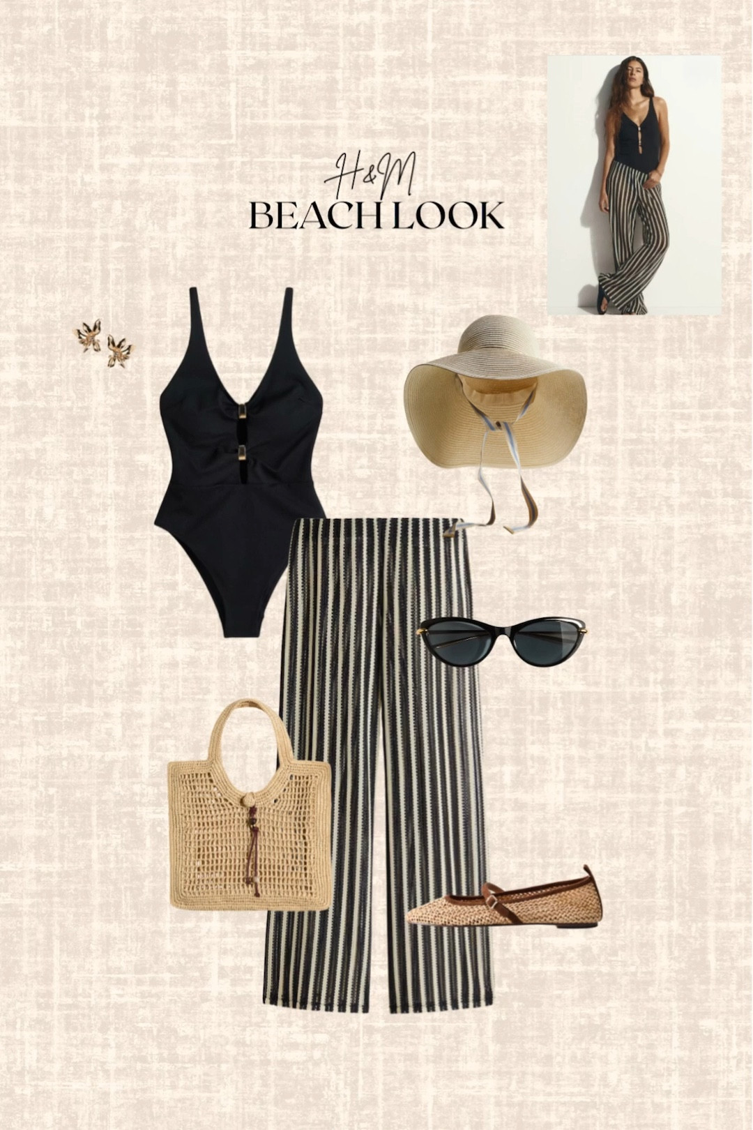 H&M Beach look! 

Swimsuit, pants, straw bag, hat, earrings, sunglasses, Mary Janes, vacation outfits 

#LTKootd #LTKSwim
