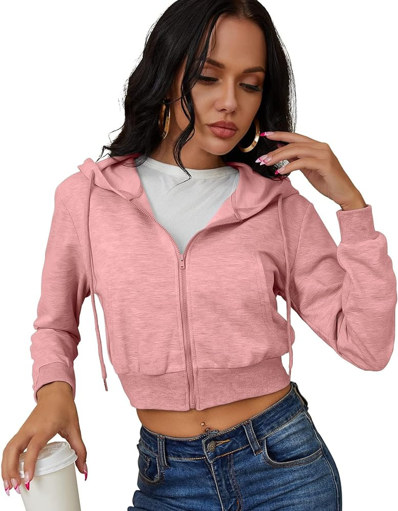 Women's Zip Up Hoodies Cropped Cardigan Jacket Drawstring Hooded Sweatshirts Casual Long Sleeve Top… | Amazon (US)
