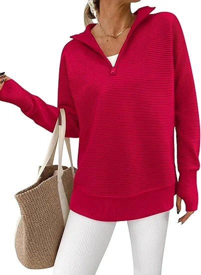PRETTYGARDEN Womens Long Sleeve Quarter Zip Pullover Sweater Casual Loose V Neck Collared Ribbed ... | Walmart (US)