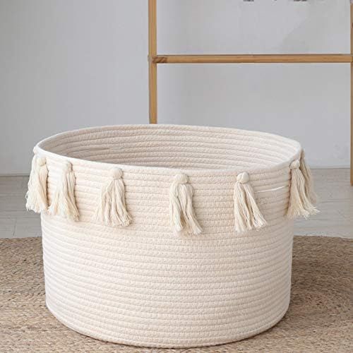ABETREE Tassel Woven Storage Laundry Basket 17.7" x 11.8" with Handle Cotton Hamper Nursery Basket B | Amazon (US)