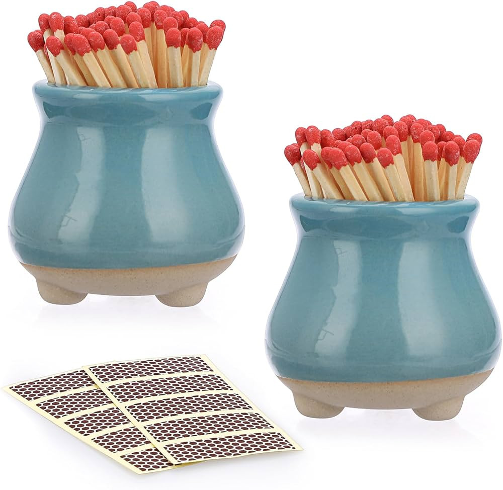 ELLDOO 2 Pack Ceramic Match Holder with 10 Pcs Strikers, Cute Home Decor Match Jar for All Matche... | Amazon (US)