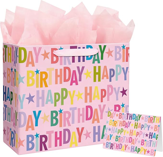 Yusenguan 13" Pink Happy Birthday Gift Bag, Colorful Lettering Design with Card, Tissue Paper and... | Amazon (US)