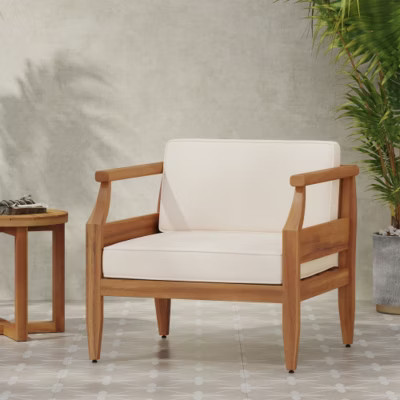 Set of 2 Acacia Wood Patio Chair With Cream Cushions, Outdoor Wood Armchair, All-Weather Patio Furniture for Backyard or Garden-Maison Boucle | Target