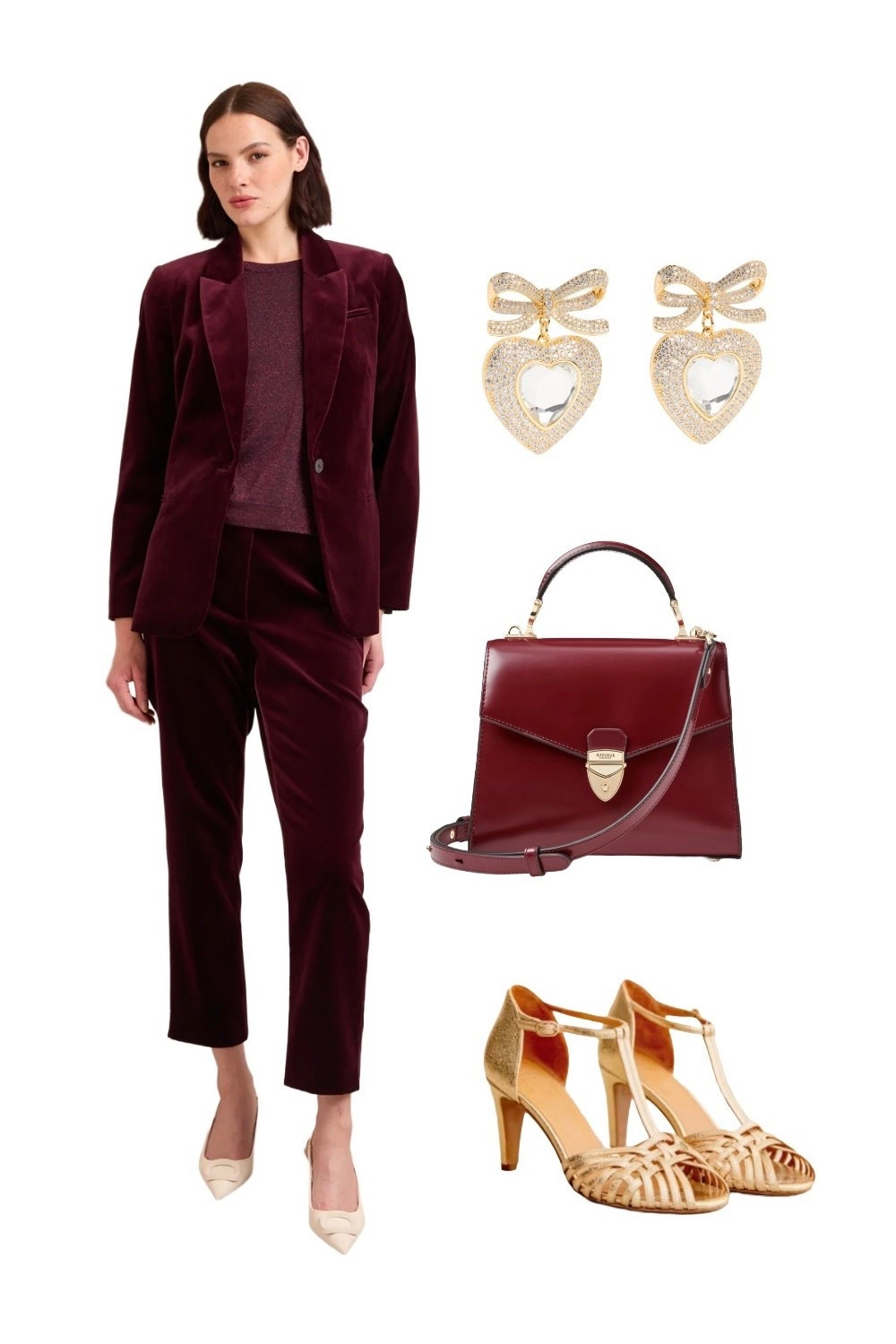 The burgundy velvet suit outfit that you’ll get a promotion on the back off if you wear it to the work’s Christmas party! 

Jamie Burgundy Velvet Jacket and co-ord Trousers (tapered and wide leg available) - Cefinn

Midi Mayfair Bag in Smooth Merlot - Aspinal of London

Gold Crystal Heart Drop Earrings - Self Portrait from Cettire 

Gold Hortense Sandals - Sezane 

#LTKfestive #LTKeurope #LTKpartywear
