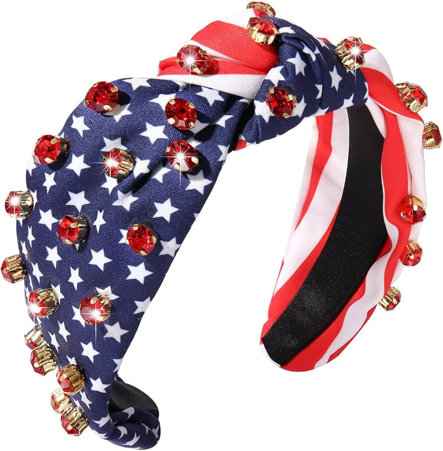 4th of July Headband American Flag Crystal Star Knottted Headband for Women Fourth of July Patrio... | Amazon (US)