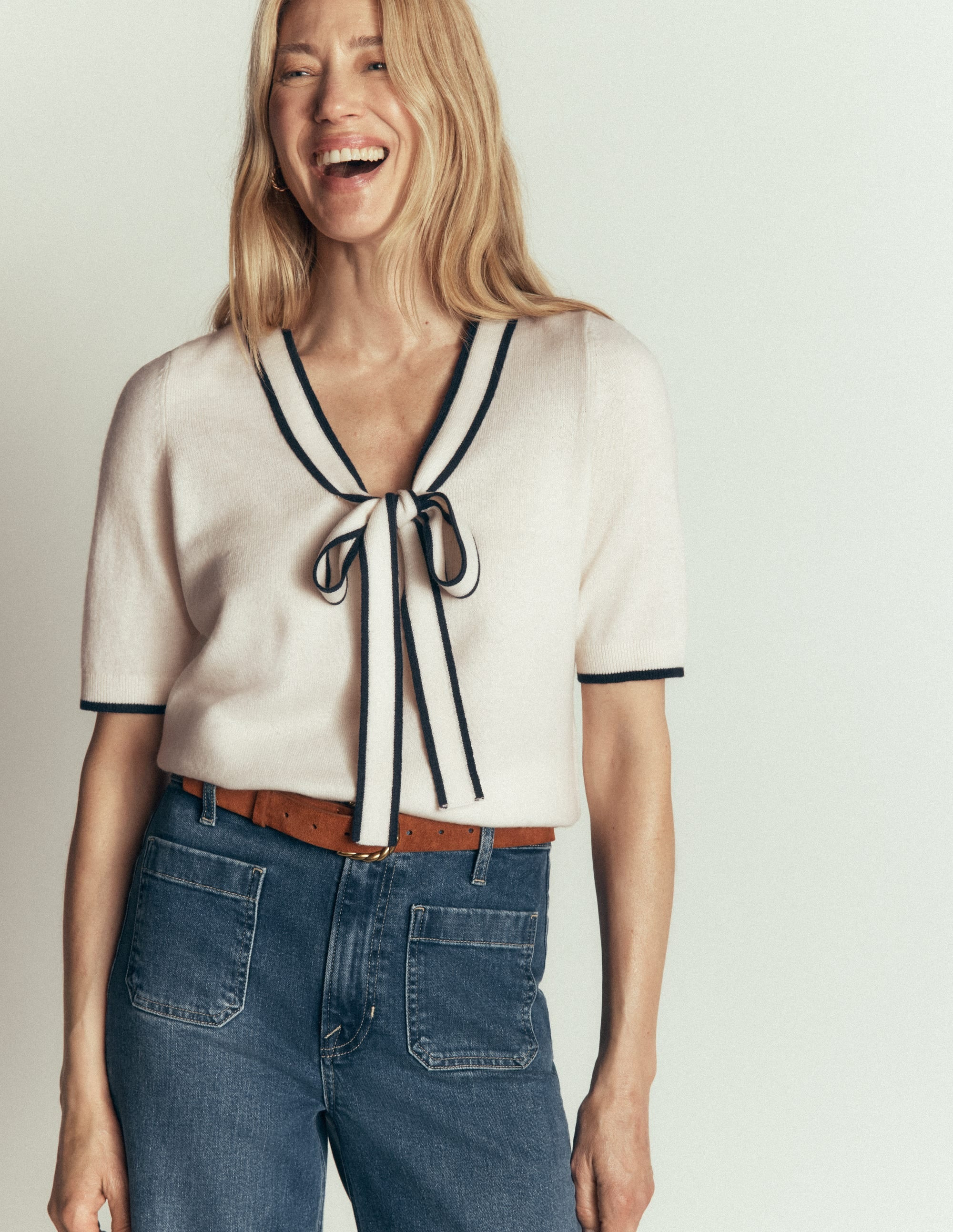 Bow Neck Knitted T-shirt-Ivory | Boden UK