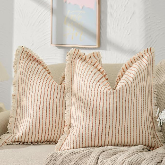 ZWJD Throw Pillow Covers 18x18Set of 2 Striped Pillow Covers with Fringe Chic Cotton Decorative P... | Amazon (US)