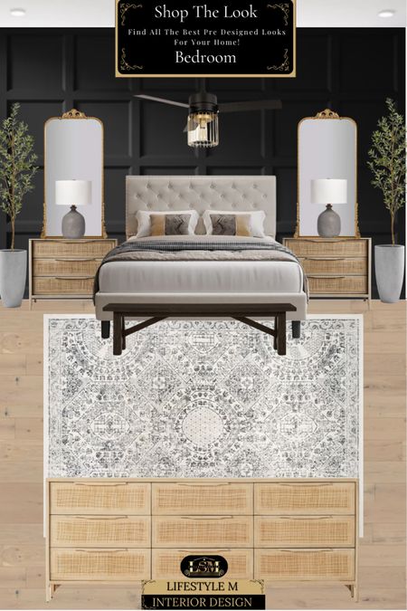 Modern farmhouse bedroom inspo design. Black bench, wood woak and came dresser, wood oak and cane nightstand, white traditional rug, gray table lamp, brass dexlretive mirror, gray indoor tree planter pot, fauxmolive tree, fan light chandelier, wood floor tiles 

#LTKsalealert #LTKstyletip #LTKhome