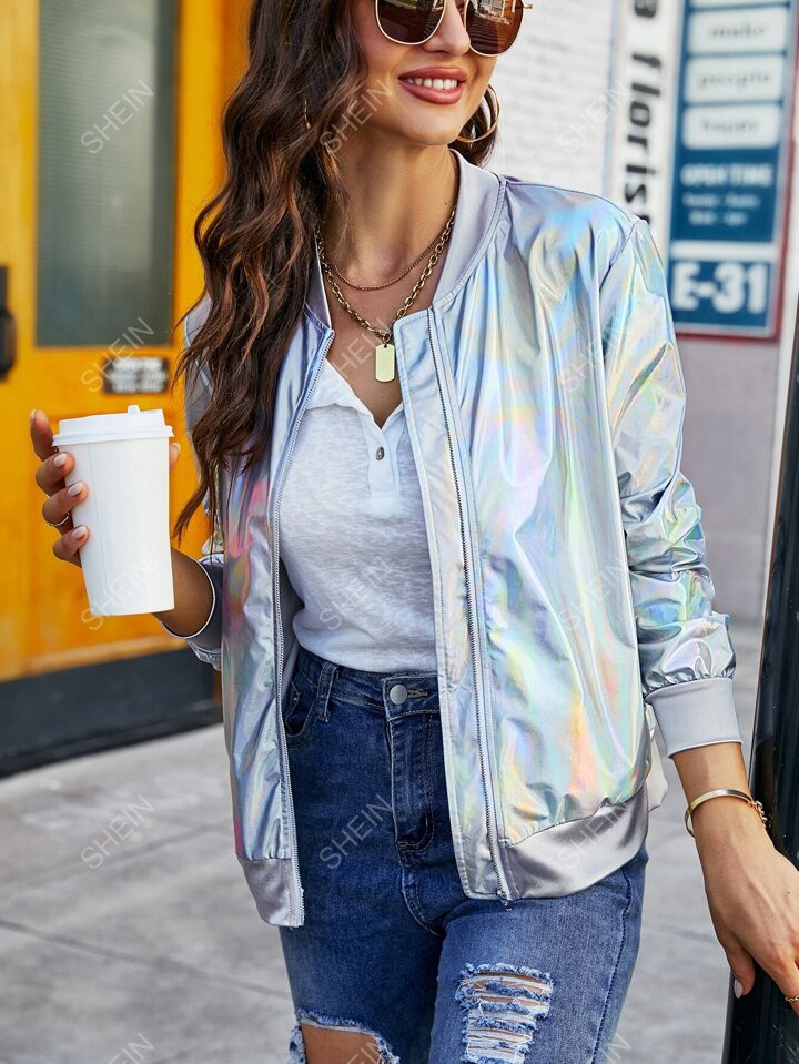 SHEIN Essnce Holographic Zip Up Bomber Jacket | SHEIN