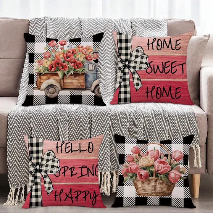 Set Of 4 Throw Pillow Covers Spring And Summer Fashion Art Tulip Flower Decorative Throw Pillow C... | SHEIN