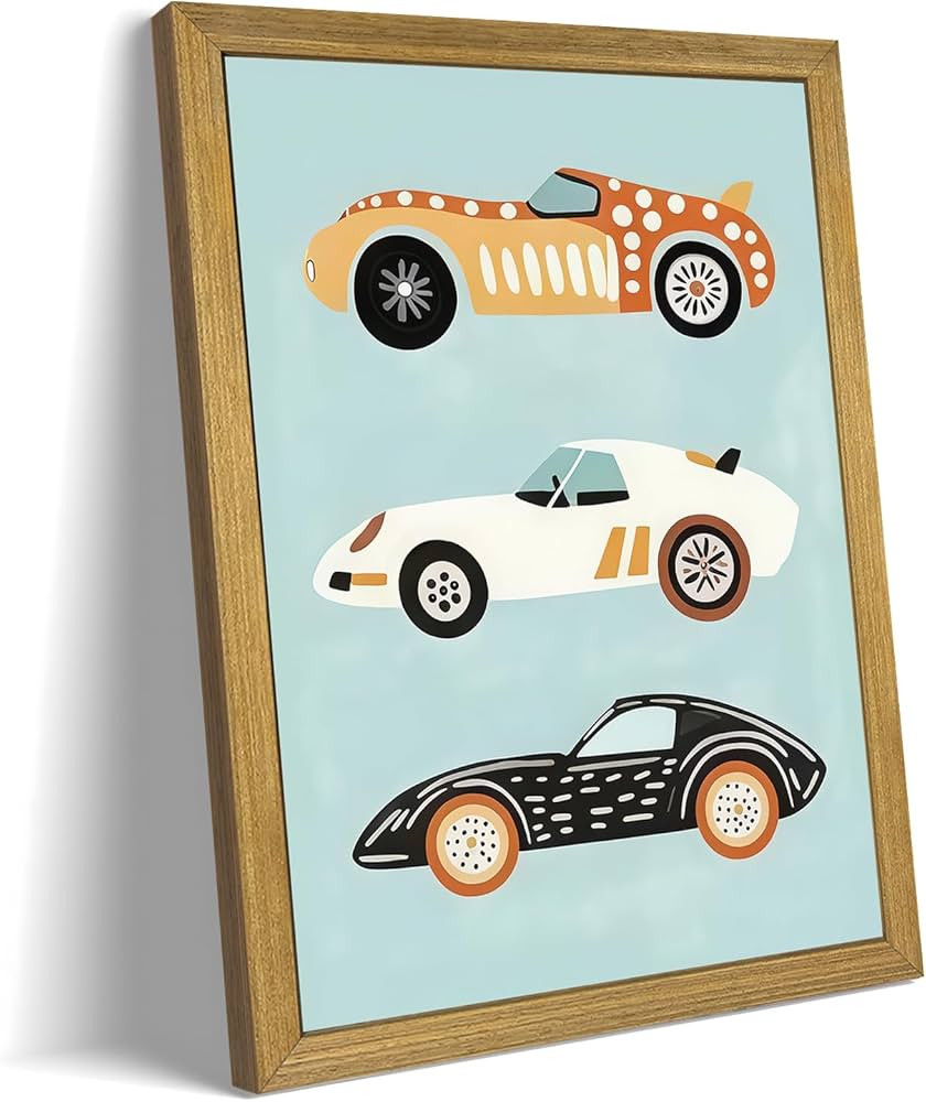 Wood Framed Car Wall Art, Vintage Race Car Canvas Print Poster, Baby Boy Nursery Wall Decor, Cute... | Amazon (US)