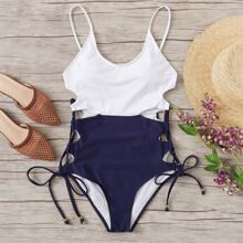 Two Tone Tie Side One Piece Swim | SHEIN