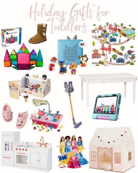 Holiday gifts for Toddlers! 
Kitchen sink toys, Amazon Fire HD kids tablet, train set, Disney princess dress up trunk, shark slides, kookaburra by Ugg, tiles, toy ice cream shop, play kitchen, kids tent, play table. 

#LTKHoliday #LTKkids #LTKGiftGuide