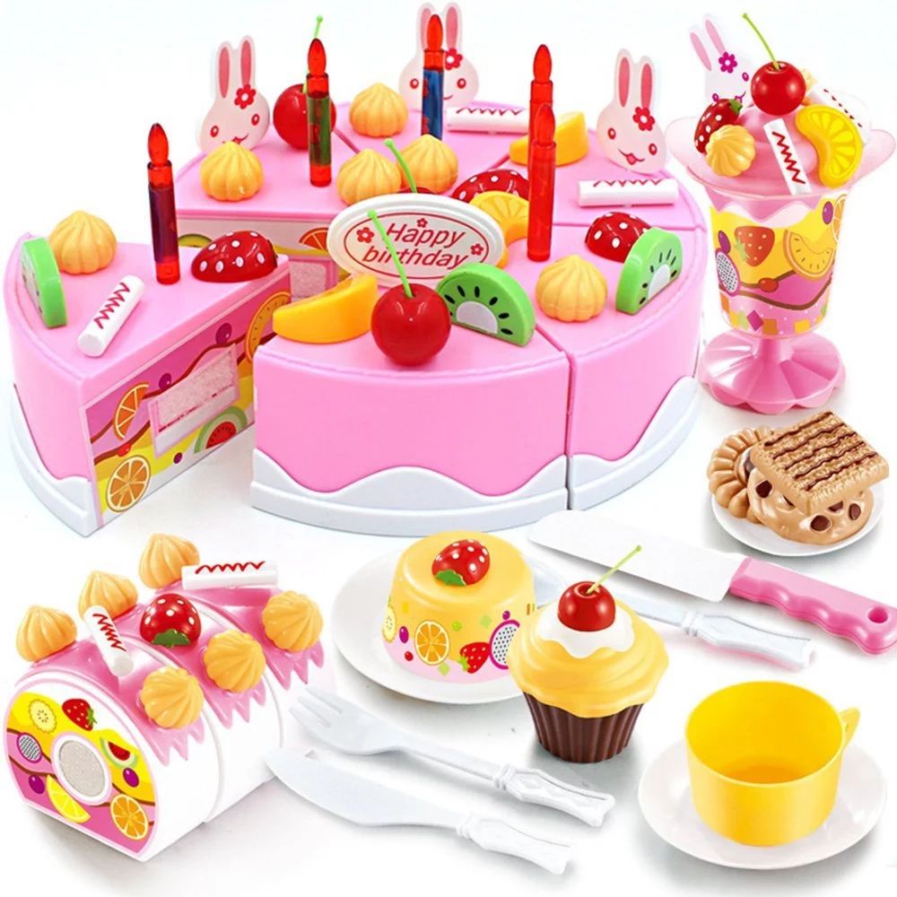 Birthday Cake Toy Play Food Set 75 Pieces Plastic Kitchen Cutting Toy Pretend Play Mundo Toys | Walmart (US)