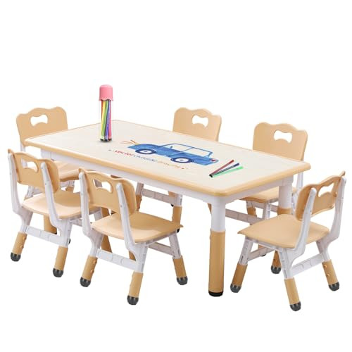Kids Table and Chairs Set, Height Adjustable Desk With 6 Seats for Ages 3-12,Arts & Crafts Table,... | Amazon (US)