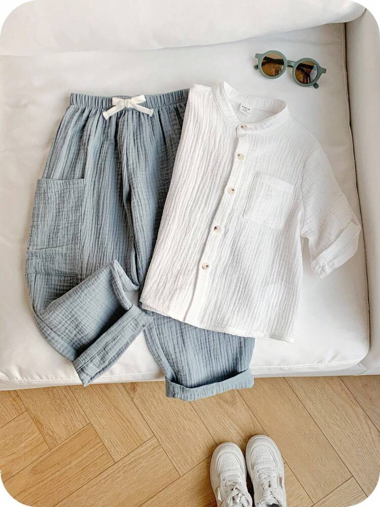 SHEIN 2pcs/Set Baby Boy/Girl Comfy Casual Versatile Stand Collar Short Sleeve Shirt Top And Long Pants Set, Suitable For Indoor, Outdoor, Daily Wear, Sports, Play, Party, Photography, Vacation, Holiday In Spring & Summer | SHEIN