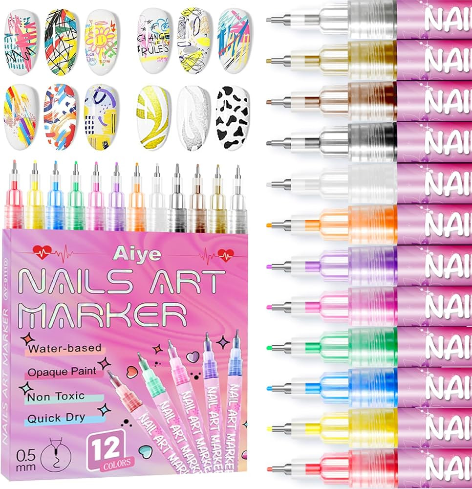 12 Colors Nail Art Pens Set, 3D Quick-Dry 0.5MM Acrylic Nail Polish Pens with Dotting Liner - Nai... | Amazon (US)