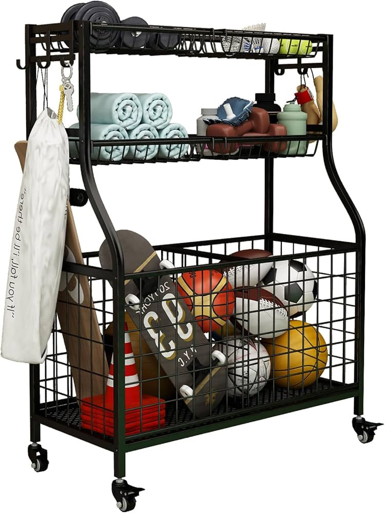 Garage Organization Sports Equipment Organizer Ball Rack Rolling Sports Gear Storage Cart Outdoor... | Amazon (US)