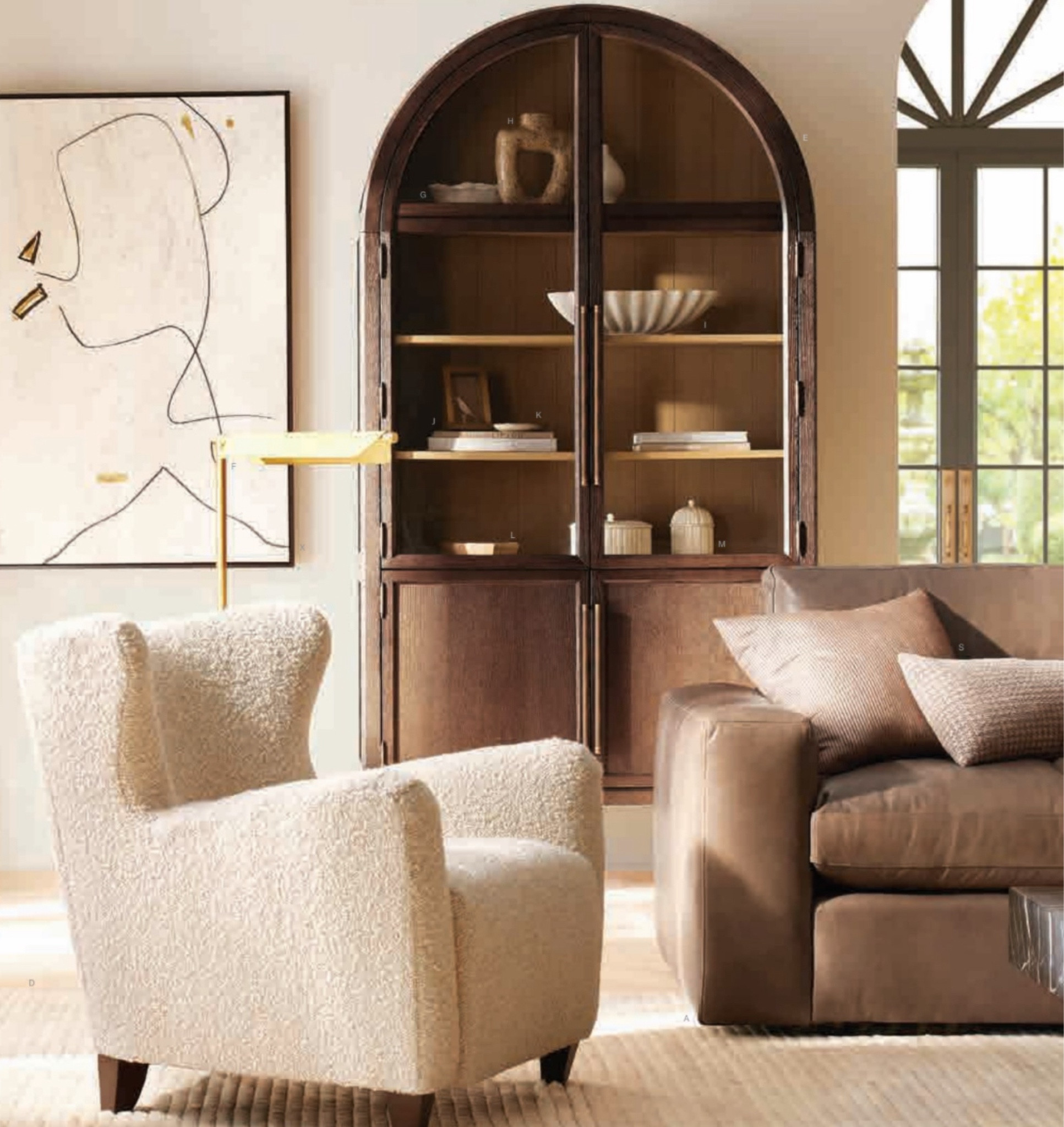 Arhaus’ site-wide sale ends tomorrow. We love how a modernized wing chair upholstered in soft boucle fabrics pairs a sleek yet comfy leather sofa.  The wing chair has a wide and deep seat with a soft curve. It is 360 degree swivel. The arched cabinet in the dark oak finish provides plenty spaces to display all your  favorites while the subtle and tonal striped hand crafted rug anchors the space with warmth and calmness. #livingroom #cabinetv#rug #art #leathersofa 

#LTKHome #LTKSeasonal #LTKSaleAlert