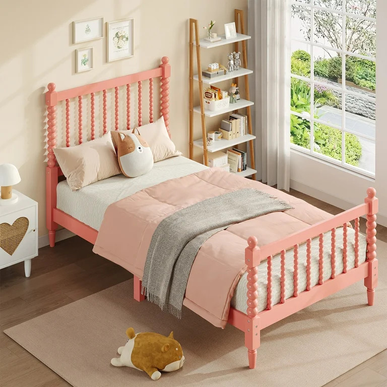 PORKISS Wood Twin Bed Frames for Kids, Platform Bed with Victorian Style Headboard/Footboard for ... | Walmart (US)