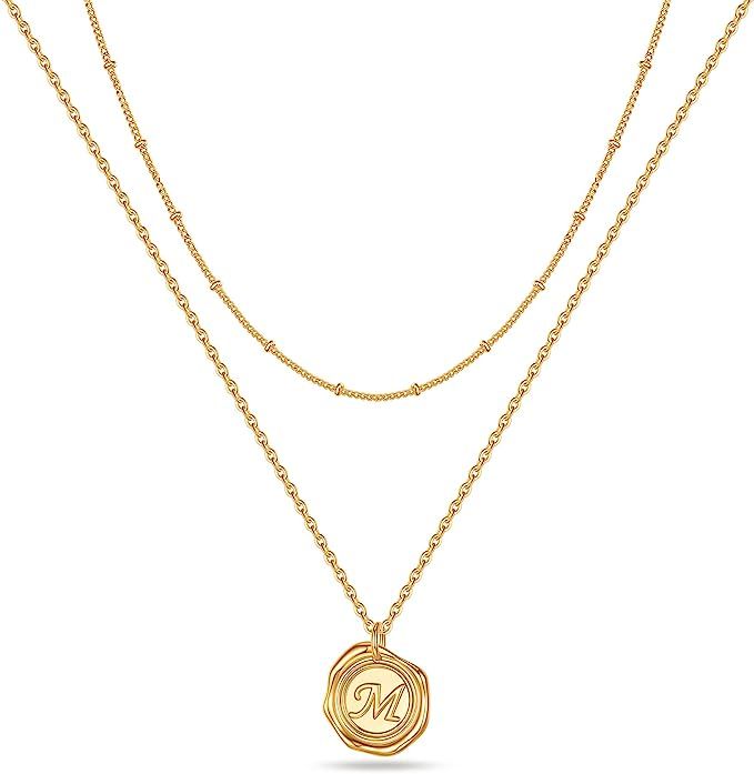 Gold Layered Initial Necklaces for Women, 14K Gold Plated Initial Necklaces Letter Disc Pendant C... | Amazon (US)