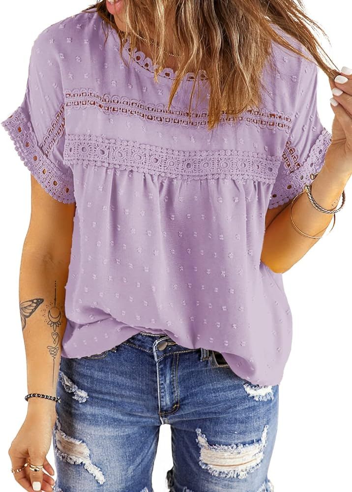 Dokotoo Womens Summer Tops Crewneck Lace Crochet Short Sleeve Shirts Casual Chiffon Blouses | Amazon (US)