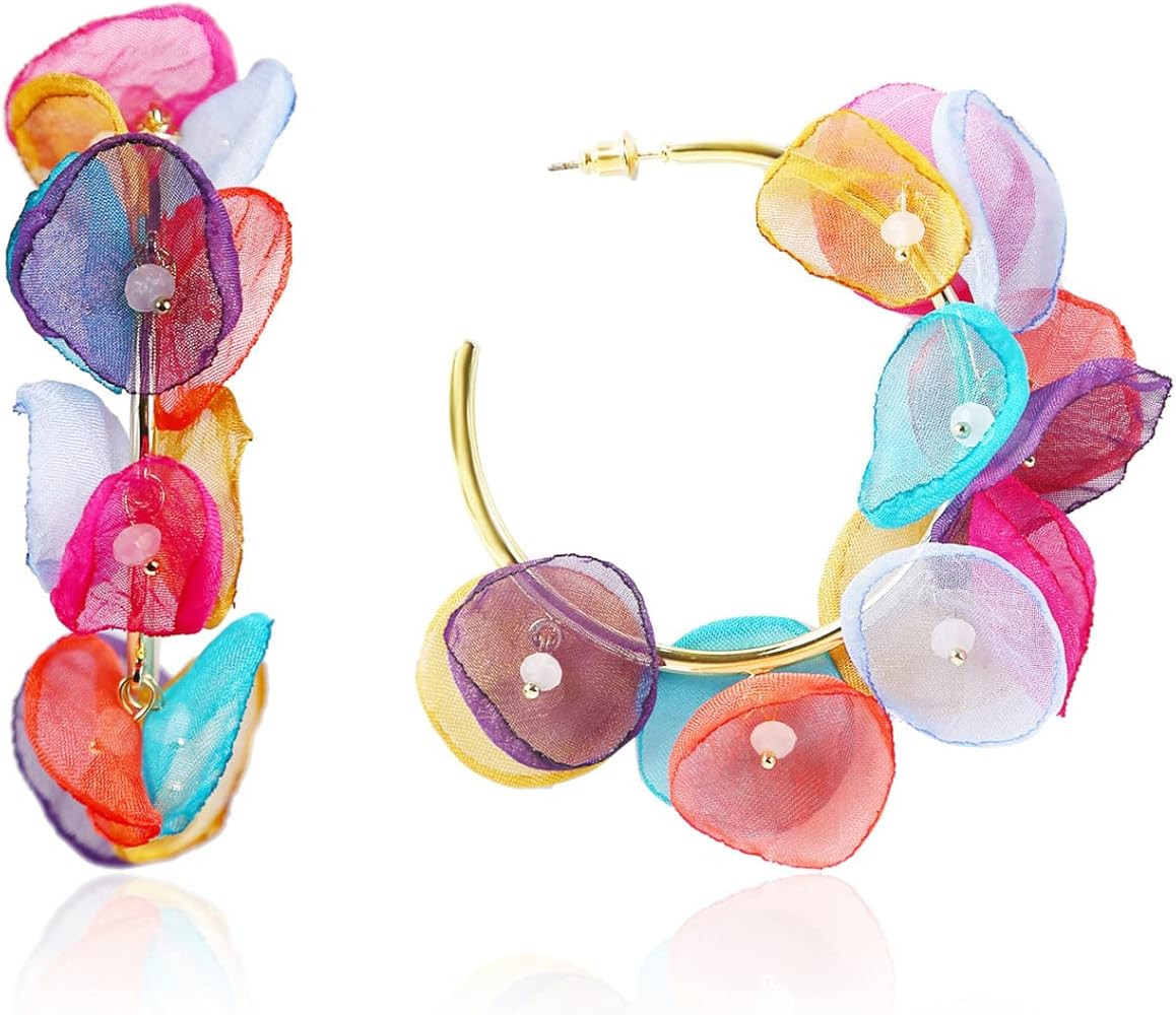 Long Floral Chiffon Earrings Flower Petal Rhinestone Dangle for Women Chiffon Floral Tassel Earri... | Amazon (US)