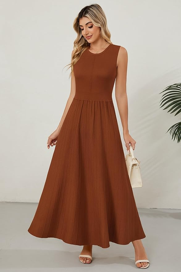 Arach&Cloz Womens Summer Sleeveless A Line Pleated Dresses 2025 Knit Maxi Dress Flowy Crew Neck B... | Amazon (US)