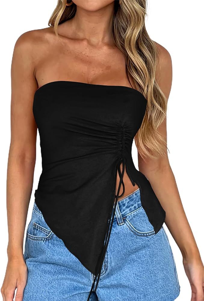 Women's Drawstring Ruched Side Asymmetrical Hem Tube Top Strapless Crop Top Going Out Shirt | Amazon (US)