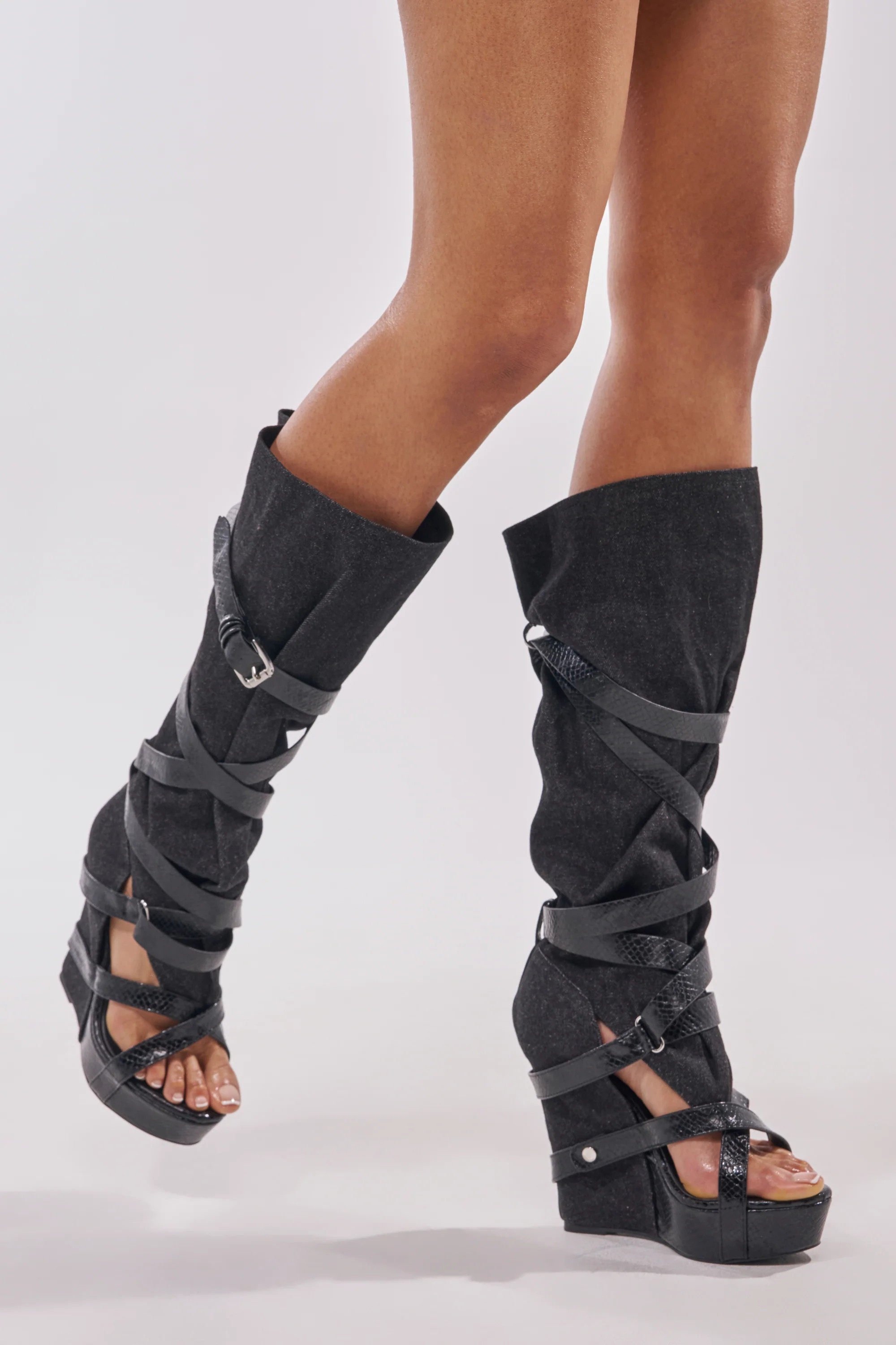 AZALEA WANG ROTHKID BLACK DENIM KNEE HIGH OPEN TOE BOOT | AKIRA