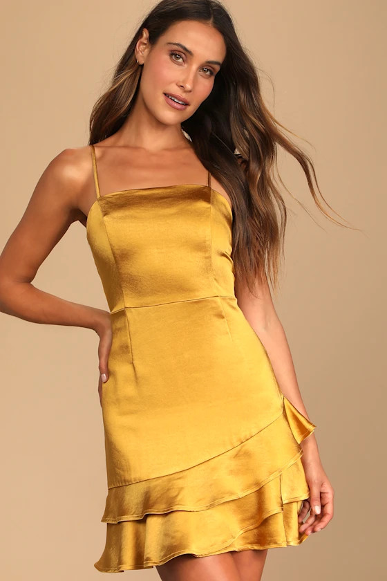Dreams Come True Mustard Yellow Satin Ruffled Mini Dress | Lulus (US)